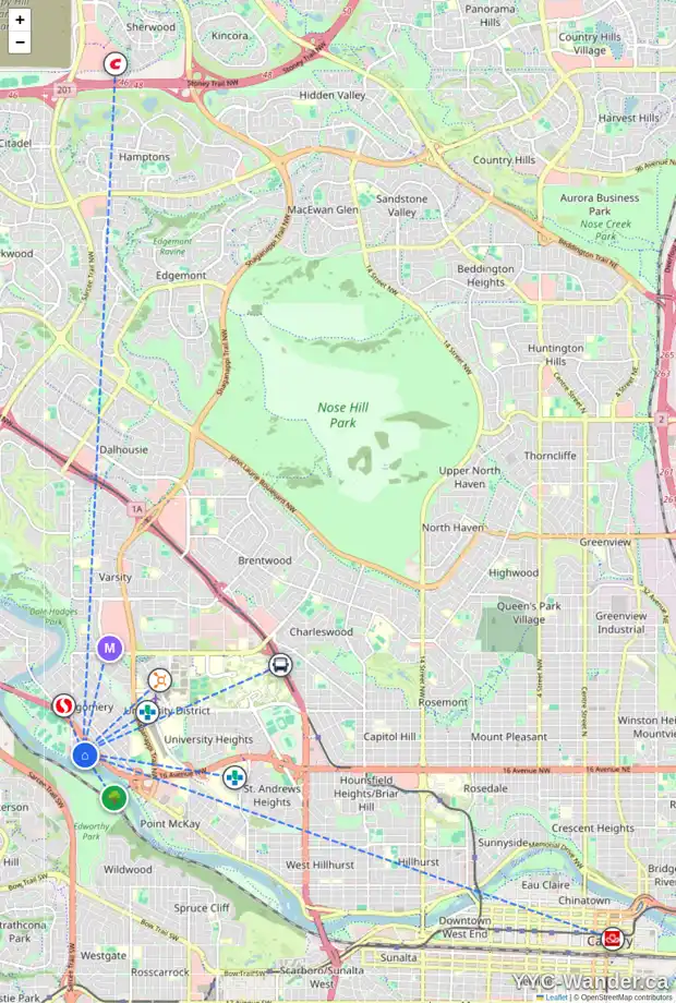 Daily accessibility map for 4606 MONTGOMERY AV NW, Calgary showing nearby schools, grocery stores, parks, LRT stations and nearby amenities