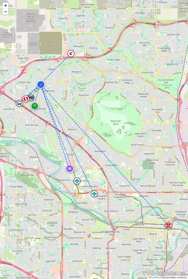 Daily accessibility map for 102 ARBOUR SUMMIT CL NW, Calgary showing nearby schools, grocery stores, parks, LRT stations and nearby amenities