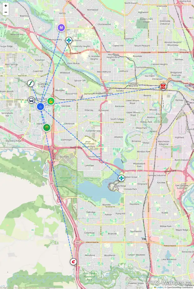Daily accessibility map for 62 SIGNATURE HT SW, Calgary showing nearby schools, grocery stores, parks, LRT stations and nearby amenities