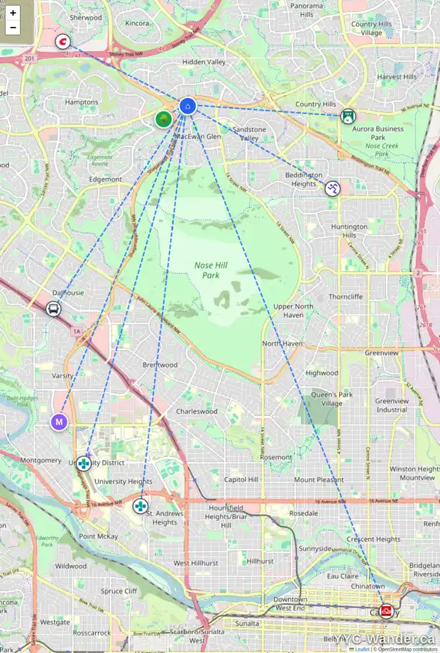 Daily accessibility map for 119 MACEWAN RIDGE VI NW, Calgary showing nearby schools, grocery stores, parks, LRT stations and nearby amenities