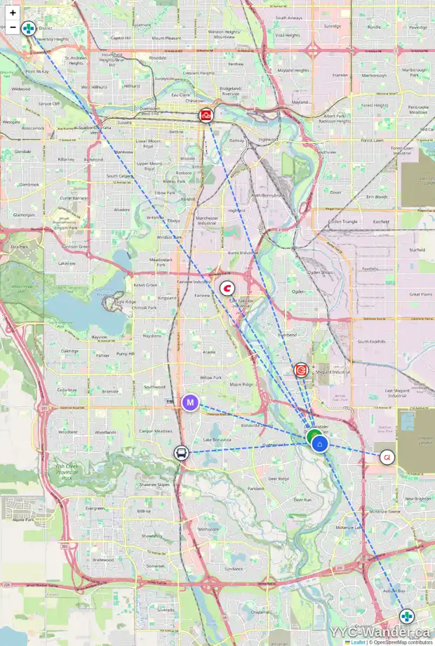 Daily accessibility map for 95 DOUGLAS PARK BV SE, Calgary showing nearby schools, grocery stores, parks, LRT stations and nearby amenities