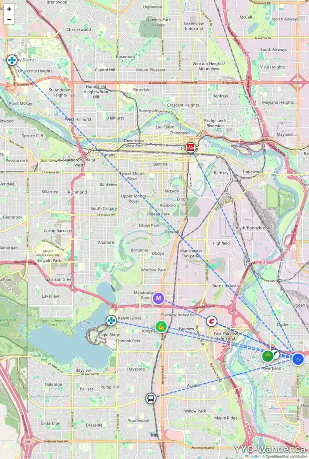 Daily accessibility map for 18 RIVERCREST WY SE, Calgary showing nearby schools, grocery stores, parks, LRT stations and nearby amenities