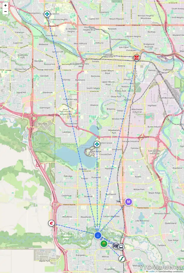 Daily accessibility map for 102 EVERGREEN TC SW, Calgary showing nearby schools, grocery stores, parks, LRT stations and nearby amenities