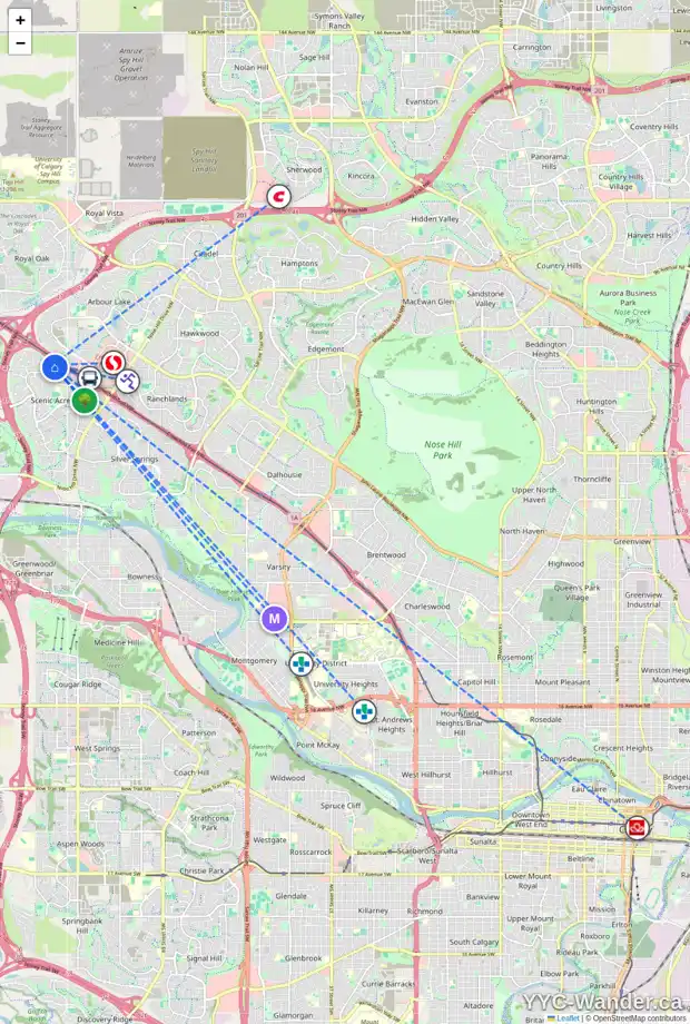 Daily accessibility map for 63 SCENIC VIEW CL NW, Calgary showing nearby schools, grocery stores, parks, LRT stations and nearby amenities