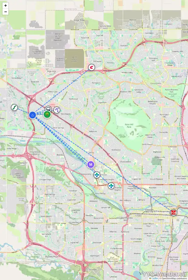 Daily accessibility map for 618 SCHOONER CV NW, Calgary showing nearby schools, grocery stores, parks, LRT stations and nearby amenities