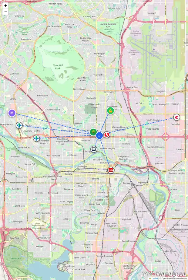 Daily accessibility map for 326 17 AV NW, Calgary showing nearby schools, grocery stores, parks, LRT stations and nearby amenities