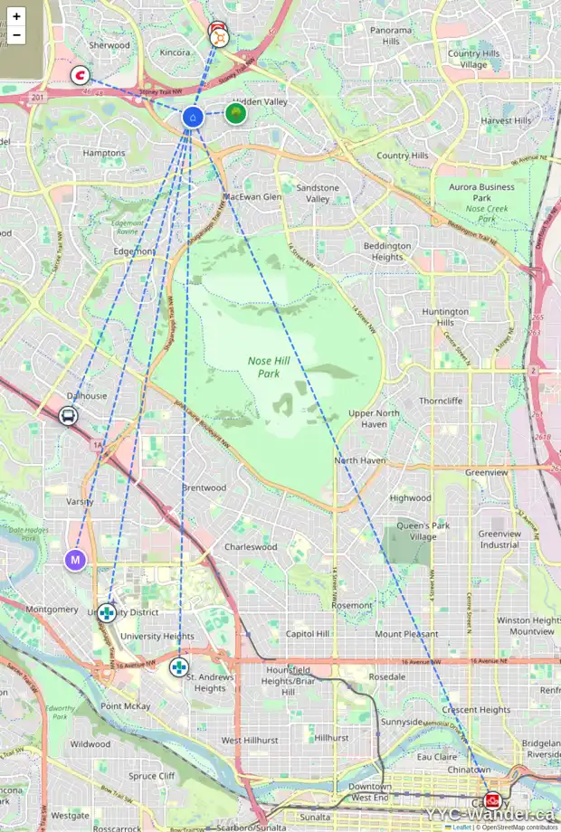 Daily accessibility map for 9389 HIDDEN VALLEY DR NW, Calgary showing nearby schools, grocery stores, parks, LRT stations and nearby amenities