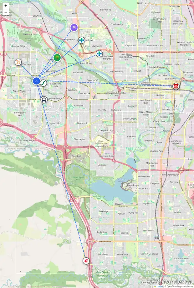 Daily accessibility map for 55 STRATHRIDGE GD SW, Calgary showing nearby schools, grocery stores, parks, LRT stations and nearby amenities
