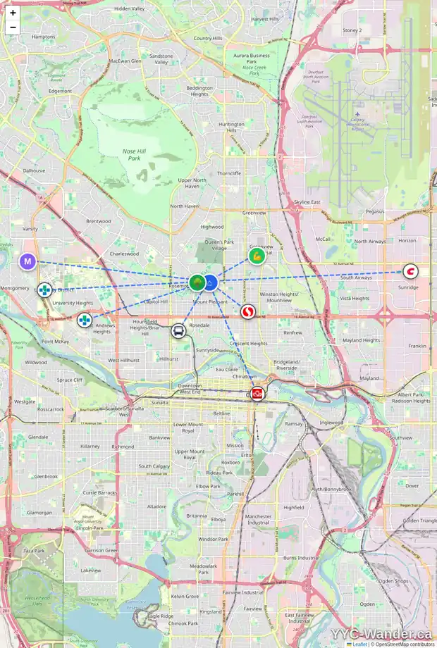 Daily accessibility map for 719 27 AV NW, Calgary showing nearby schools, grocery stores, parks, LRT stations and nearby amenities