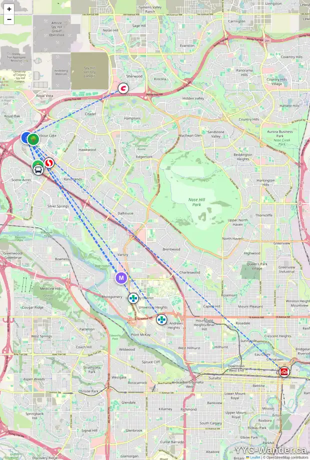 Daily accessibility map for 99 ARBOUR STONE CL NW, Calgary showing nearby schools, grocery stores, parks, LRT stations and nearby amenities