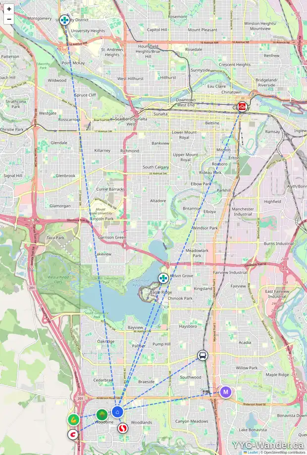 Daily accessibility map for 135 WOODGLEN CL SW, Calgary showing nearby schools, grocery stores, parks, LRT stations and nearby amenities