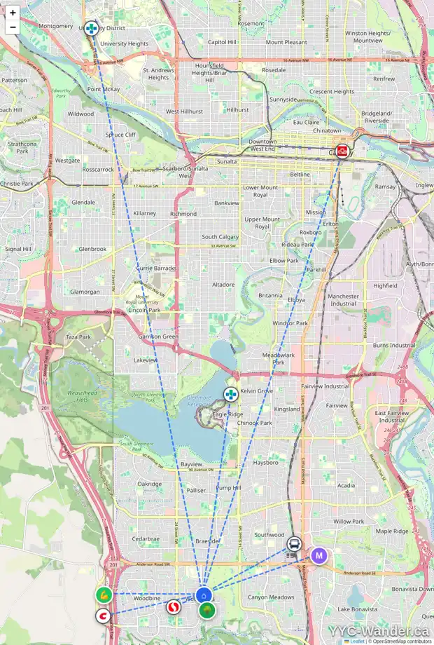 Daily accessibility map for 327 WOODPARK PL SW, Calgary showing nearby schools, grocery stores, parks, LRT stations and nearby amenities