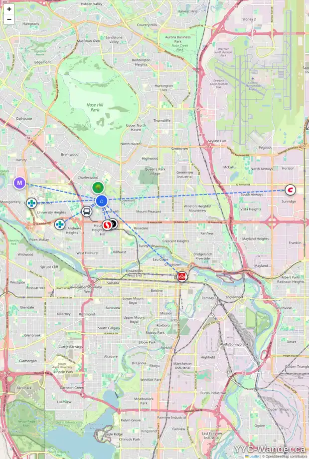 Daily accessibility map for 2516 MORLEY TR NW, Calgary showing nearby schools, grocery stores, parks, LRT stations and nearby amenities