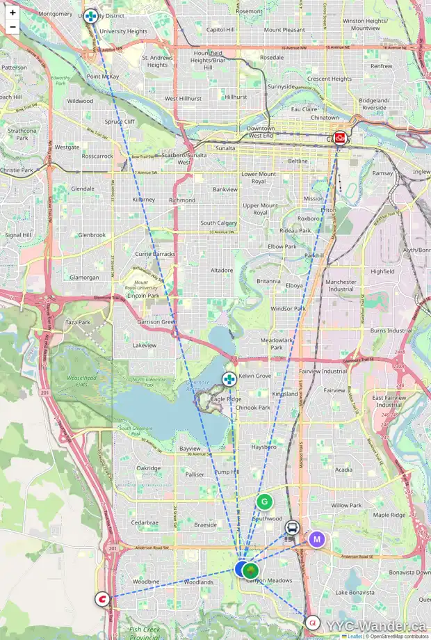 Daily accessibility map for 7 CANOVA CL SW, Calgary showing nearby schools, grocery stores, parks, LRT stations and nearby amenities