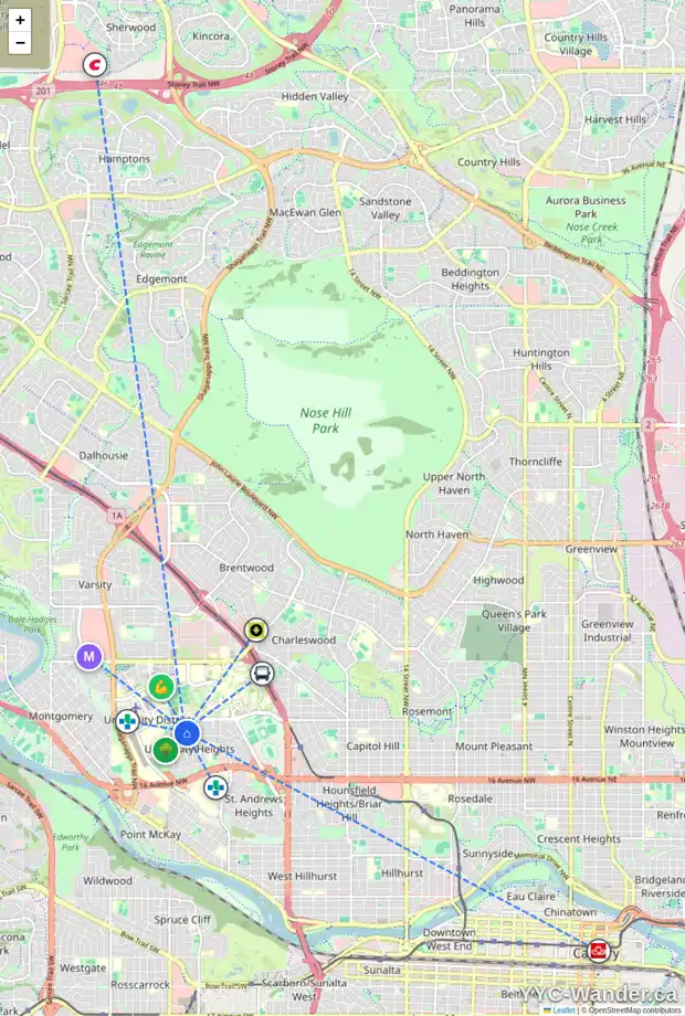 Daily accessibility map for 2408 ULRICH RD NW, Calgary showing nearby schools, grocery stores, parks, LRT stations and nearby amenities