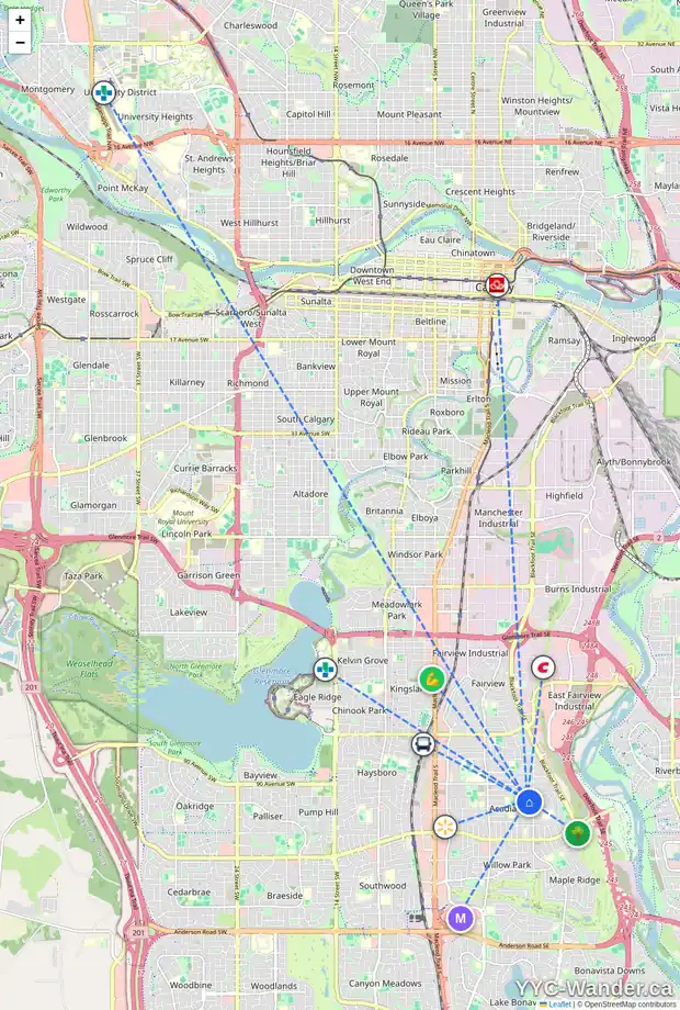 Daily accessibility map for 419 ACADIA DR SE, Calgary showing nearby schools, grocery stores, parks, LRT stations and nearby amenities