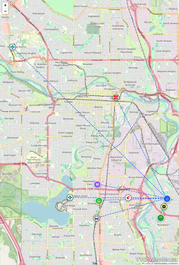 Daily accessibility map for 7119 20 ST SE, Calgary showing nearby schools, grocery stores, parks, LRT stations and nearby amenities