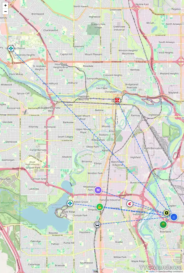 Daily accessibility map for 7818 21 ST SE, Calgary showing nearby schools, grocery stores, parks, LRT stations and nearby amenities