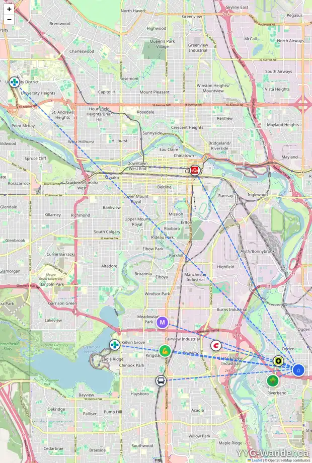 Daily accessibility map for 412 OLYMPIA DR SE, Calgary showing nearby schools, grocery stores, parks, LRT stations and nearby amenities