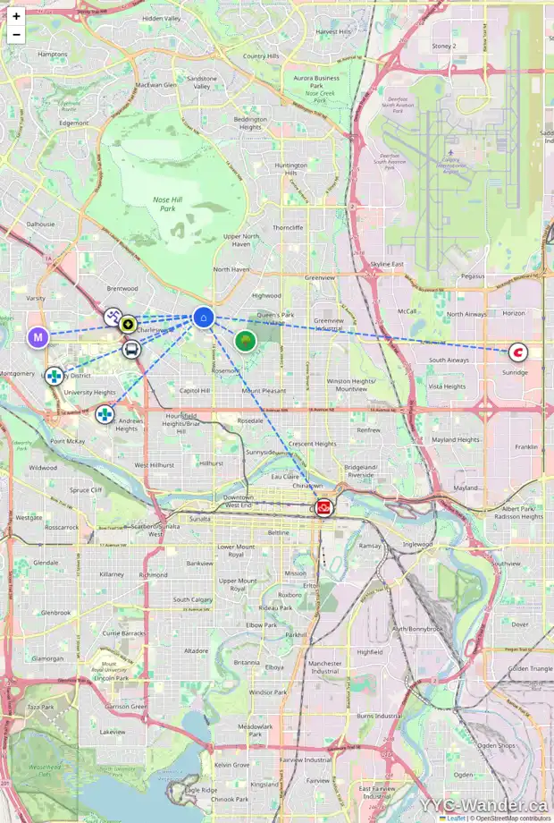Daily accessibility map for 66 CROMWELL AV NW, Calgary showing nearby schools, grocery stores, parks, LRT stations and nearby amenities