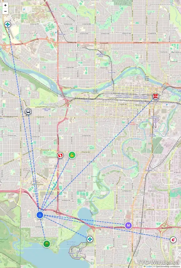 Daily accessibility map for 3150 LEDUC CR SW, Calgary showing nearby schools, grocery stores, parks, LRT stations and nearby amenities