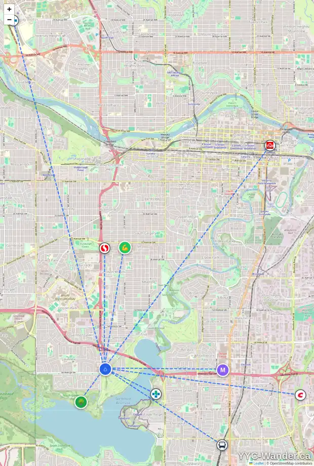 Daily accessibility map for 2410 LONGRIDGE DR SW, Calgary showing nearby schools, grocery stores, parks, LRT stations and nearby amenities