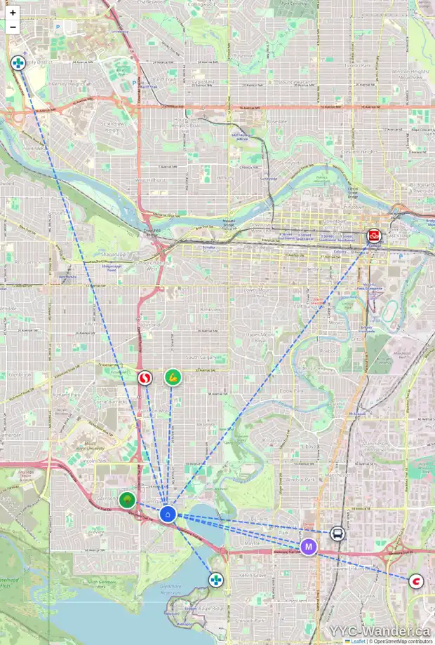 Daily accessibility map for 2120 LINCOLN DR SW, Calgary showing nearby schools, grocery stores, parks, LRT stations and nearby amenities