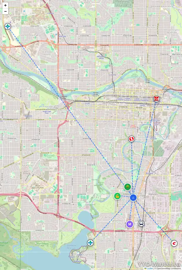 Daily accessibility map for 401 51 AV SW, Calgary showing nearby schools, grocery stores, parks, LRT stations and nearby amenities