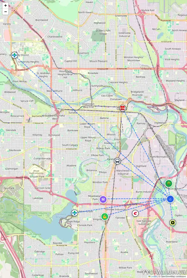 Daily accessibility map for 1835 62 AV SE, Calgary showing nearby schools, grocery stores, parks, LRT stations and nearby amenities