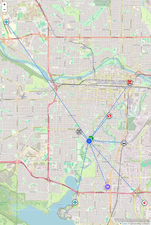 Daily accessibility map for 1022 SIFTON BV SW, Calgary showing nearby schools, grocery stores, parks, LRT stations and nearby amenities