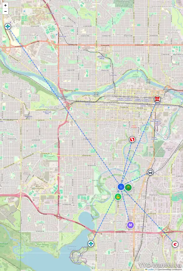Daily accessibility map for 4720 ELBOW DR SW, Calgary showing nearby schools, grocery stores, parks, LRT stations and nearby amenities