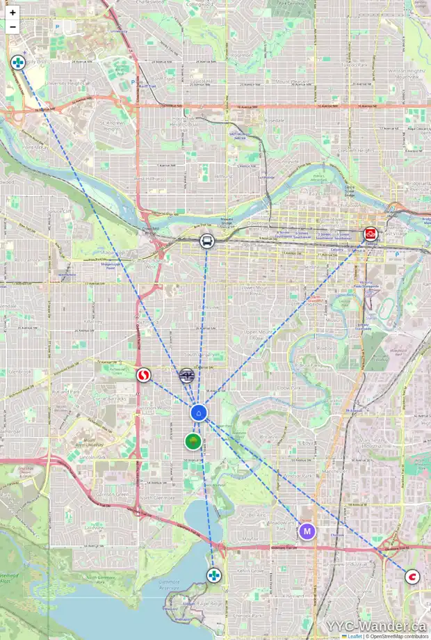 Daily accessibility map for 4211 16A ST SW, Calgary showing nearby schools, grocery stores, parks, LRT stations and nearby amenities