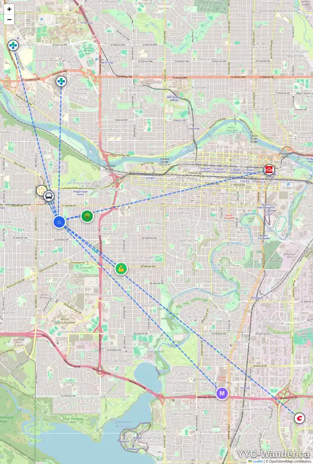 Daily accessibility map for 2211 31 ST SW, Calgary showing nearby schools, grocery stores, parks, LRT stations and nearby amenities