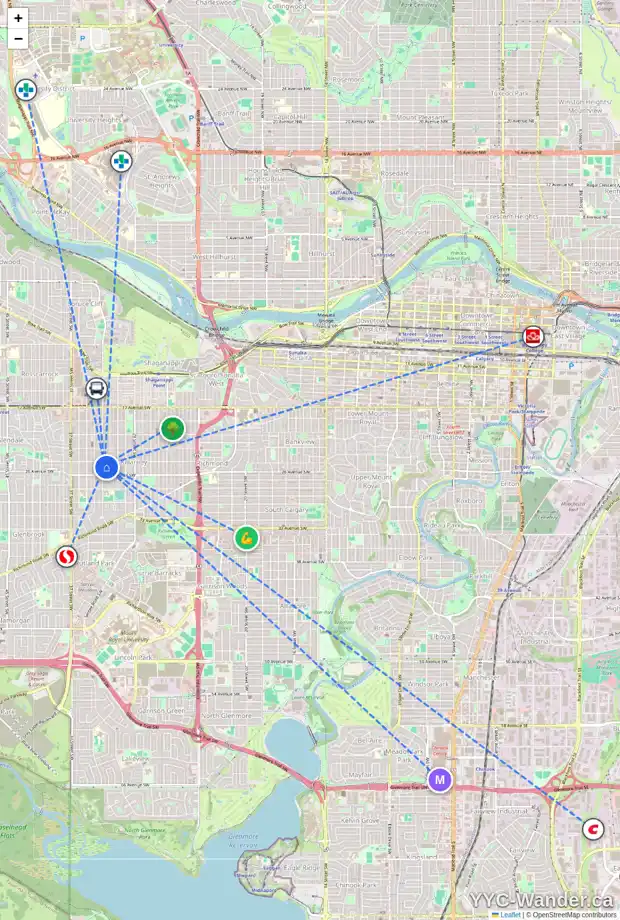 Daily accessibility map for 2610 33 ST SW, Calgary showing nearby schools, grocery stores, parks, LRT stations and nearby amenities