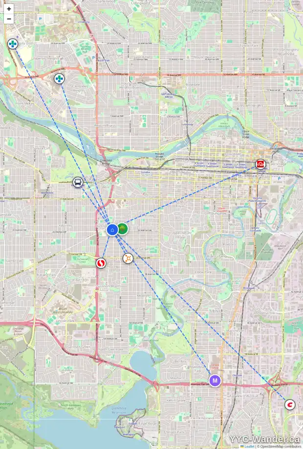 Daily accessibility map for 2212 26 AV SW, Calgary showing nearby schools, grocery stores, parks, LRT stations and nearby amenities