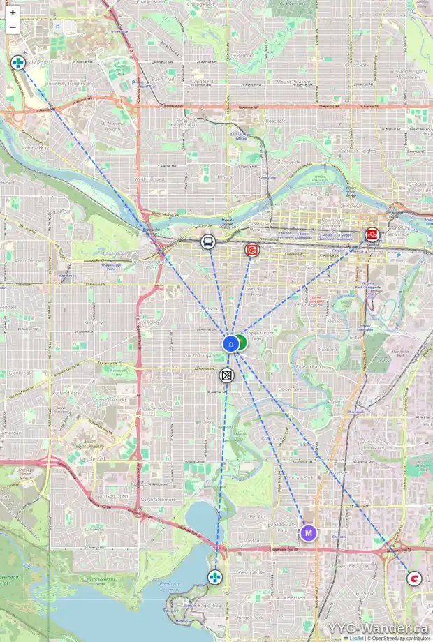 Daily accessibility map for 1460 PREMIER WY SW, Calgary showing nearby schools, grocery stores, parks, LRT stations and nearby amenities