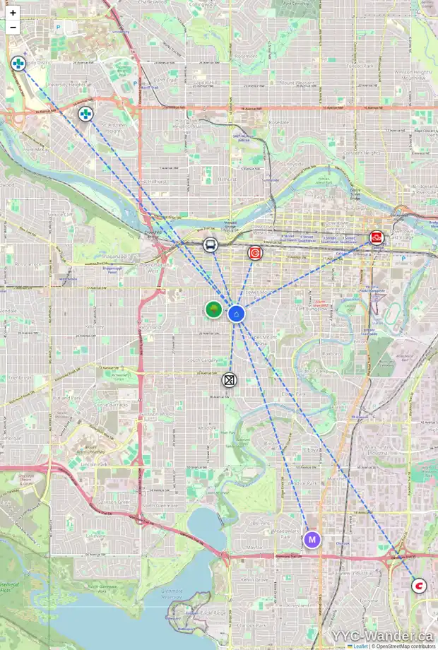Daily accessibility map for 2211 13 ST SW, Calgary showing nearby schools, grocery stores, parks, LRT stations and nearby amenities