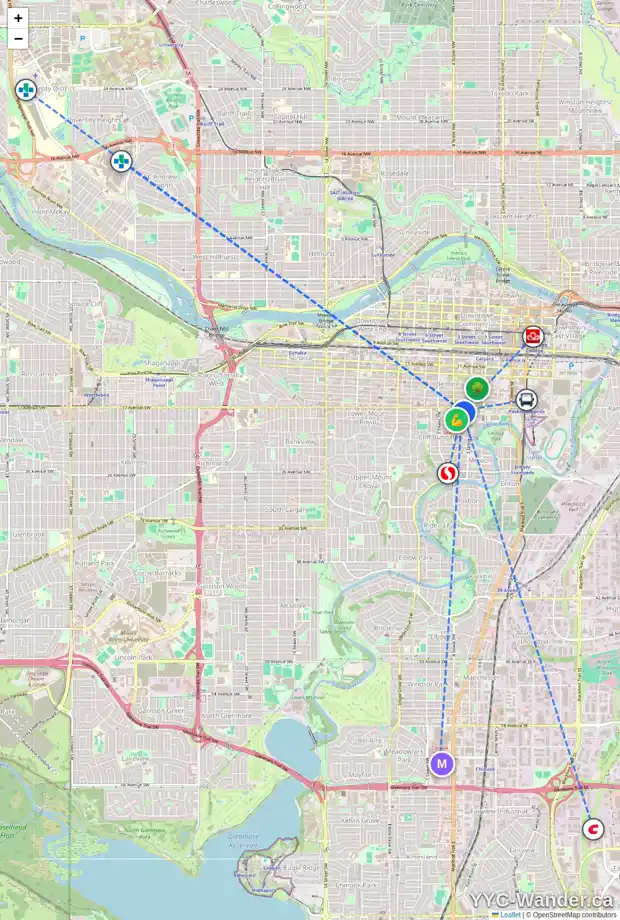Daily accessibility map for 326 18 AV SW, Calgary showing nearby schools, grocery stores, parks, LRT stations and nearby amenities