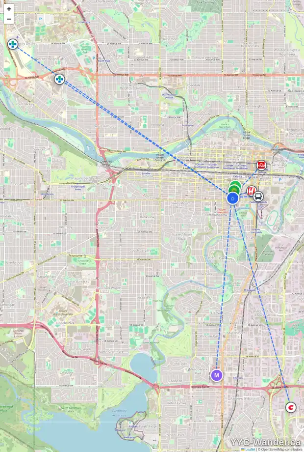 Daily accessibility map for 102 235 15 AV SW, Calgary showing nearby schools, grocery stores, parks, LRT stations and nearby amenities