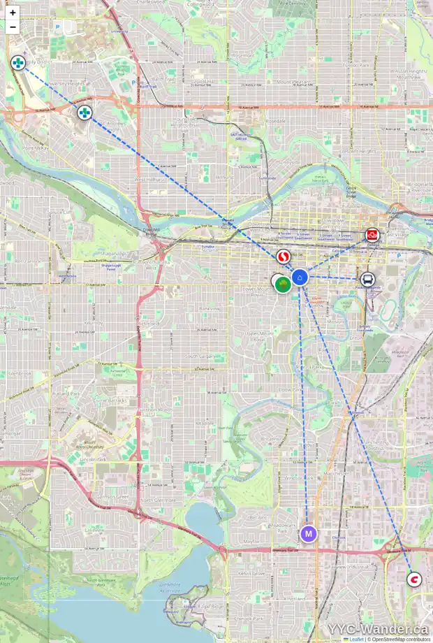 Daily accessibility map for 636 15 AV SW, Calgary showing nearby schools, grocery stores, parks, LRT stations and nearby amenities