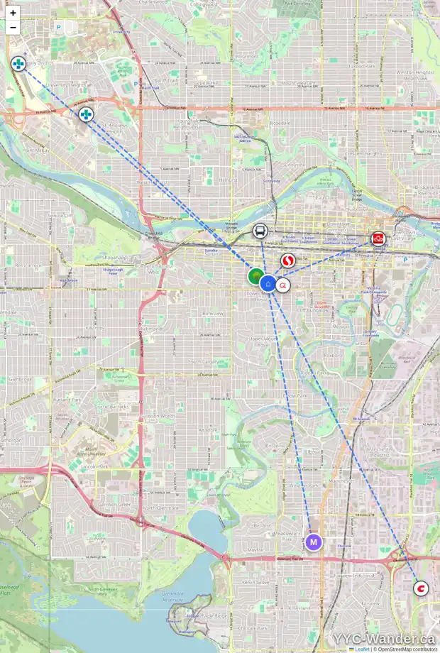 Daily accessibility map for 1023 15 AV SW, Calgary showing nearby schools, grocery stores, parks, LRT stations and nearby amenities