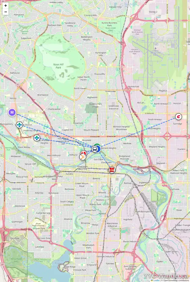 Daily accessibility map for 414 7 AV NW, Calgary showing nearby schools, grocery stores, parks, LRT stations and nearby amenities