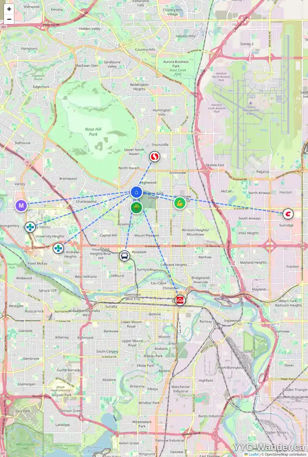 Daily accessibility map for 1022 39 AV NW, Calgary showing nearby schools, grocery stores, parks, LRT stations and nearby amenities