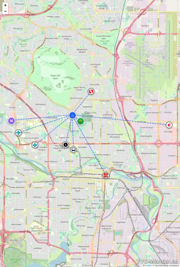 Daily accessibility map for 52 CADOGAN RD NW, Calgary showing nearby schools, grocery stores, parks, LRT stations and nearby amenities