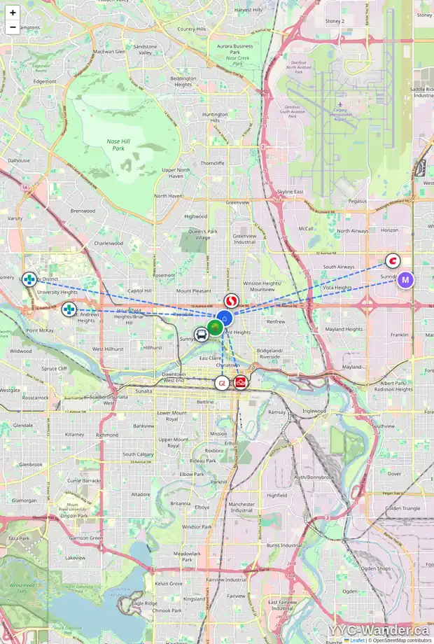 Daily accessibility map for 1316 1 ST NW, Calgary showing nearby schools, grocery stores, parks, LRT stations and nearby amenities