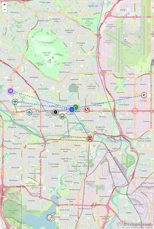 Daily accessibility map for 817 18 AV NW, Calgary showing nearby schools, grocery stores, parks, LRT stations and nearby amenities