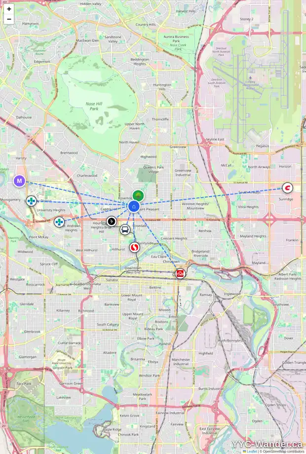 Daily accessibility map for 1126 22 AV NW, Calgary showing nearby schools, grocery stores, parks, LRT stations and nearby amenities