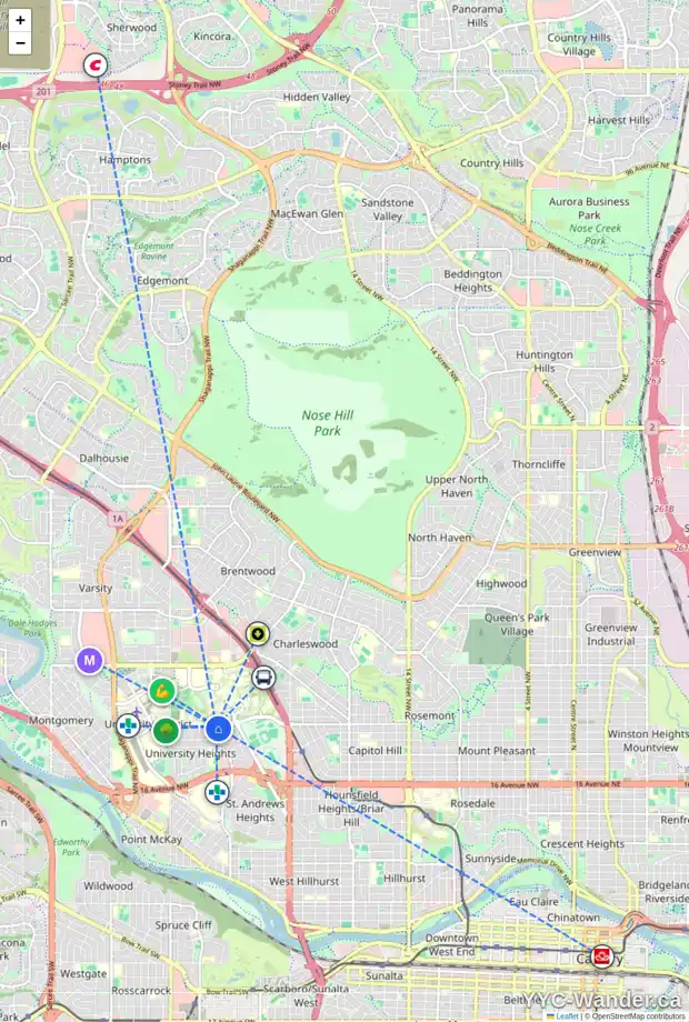 Daily accessibility map for 3103 UPPER PL NW, Calgary showing nearby schools, grocery stores, parks, LRT stations and nearby amenities
