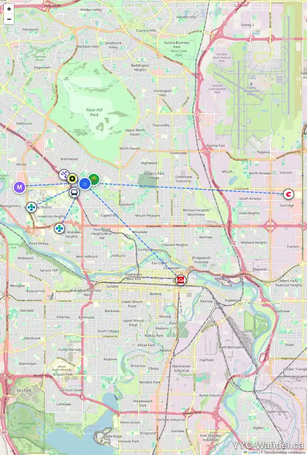 Daily accessibility map for 2432 34 AV NW, Calgary showing nearby schools, grocery stores, parks, LRT stations and nearby amenities