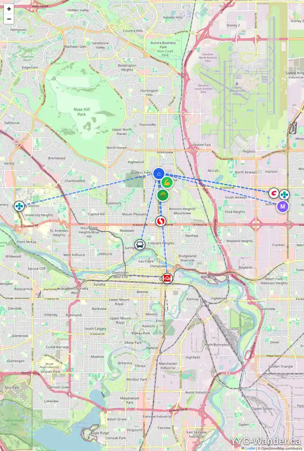 Daily accessibility map for 3907 CENTRE ST NW, Calgary showing nearby schools, grocery stores, parks, LRT stations and nearby amenities